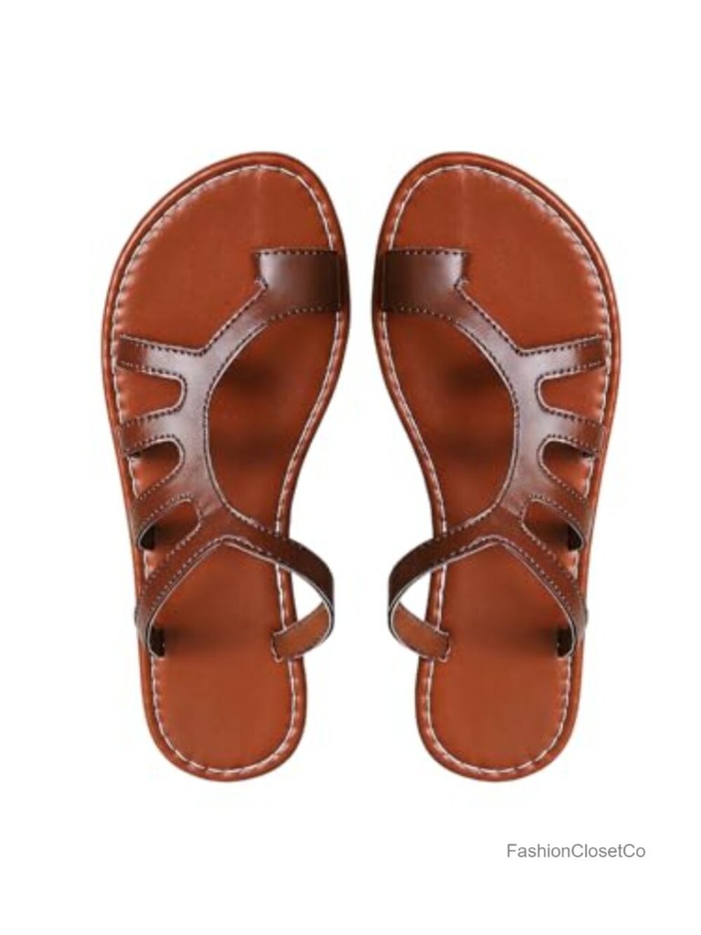 Hollow Out Leather Flat Sandals Open Toe Ring Slip On Beach Slide Sandals
